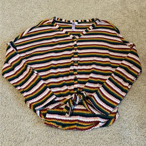 Rainbow striped button front waffle knit shirt